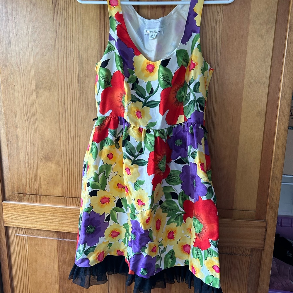 Kensie Floral Dress with Red, Yellow, and Purple Accents And Black Tulle Size S